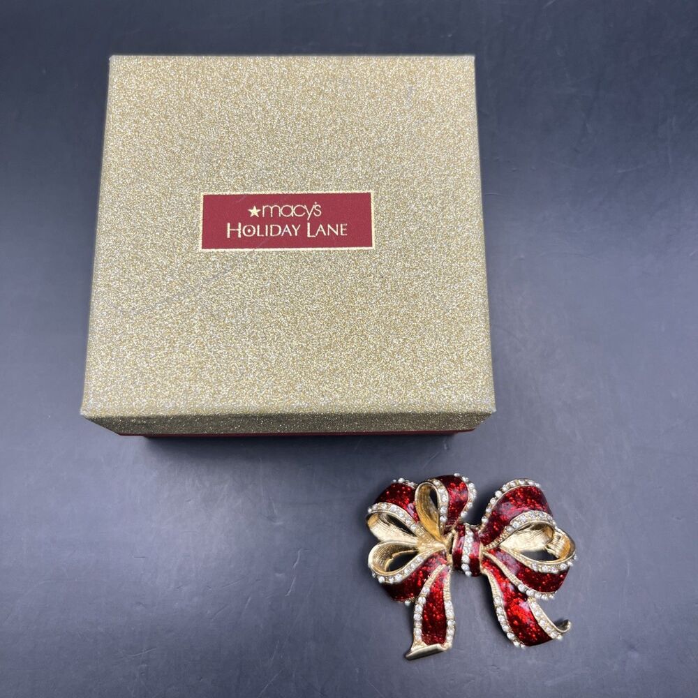 Macys Holiday Lane Bow Brooch Pin Red Sparkle Glitter Enamel Rhinestone Gold